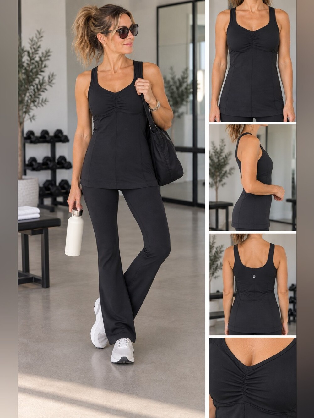 Lululemon Vintage Black Ruched Long Tank Built-In Bra Size 2 Yoga Pilates